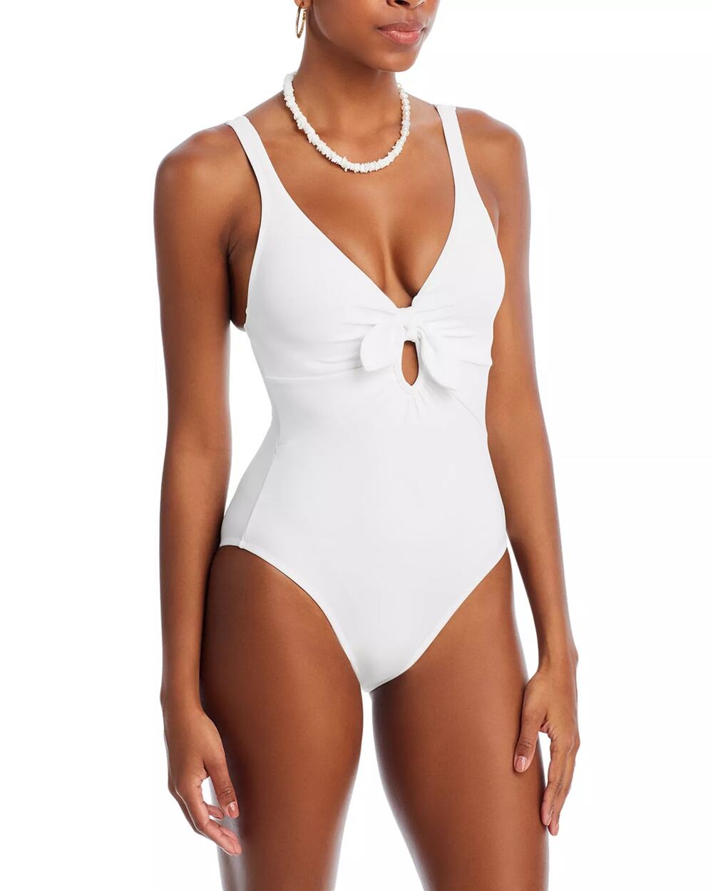 Robin Piccone Women White Ava Plunge Neck Tie-Front One Piece Swimsuit Size US 2
